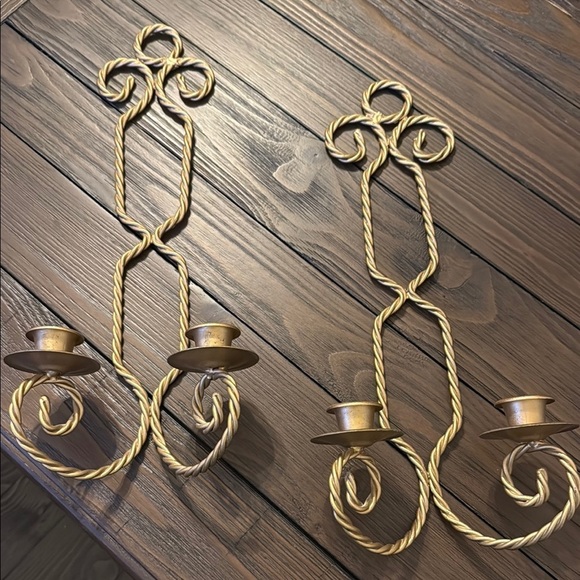 Pair of Gold Metal Wall Braided Candle Holders - Picture 2 of 8